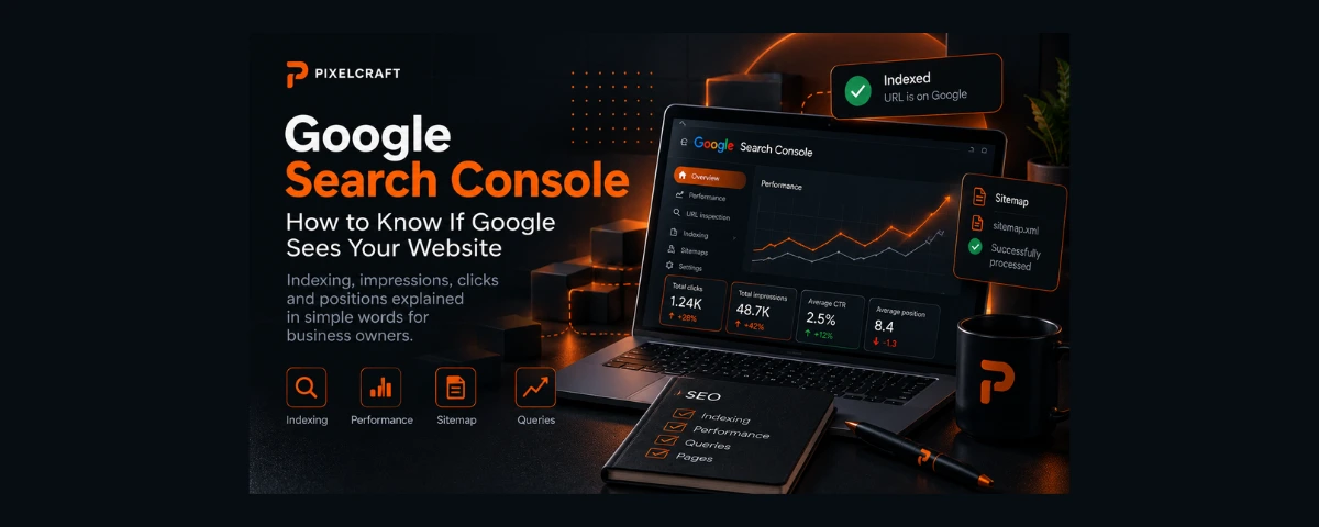 Google Search Console showing website indexing, impressions, clicks and search positions